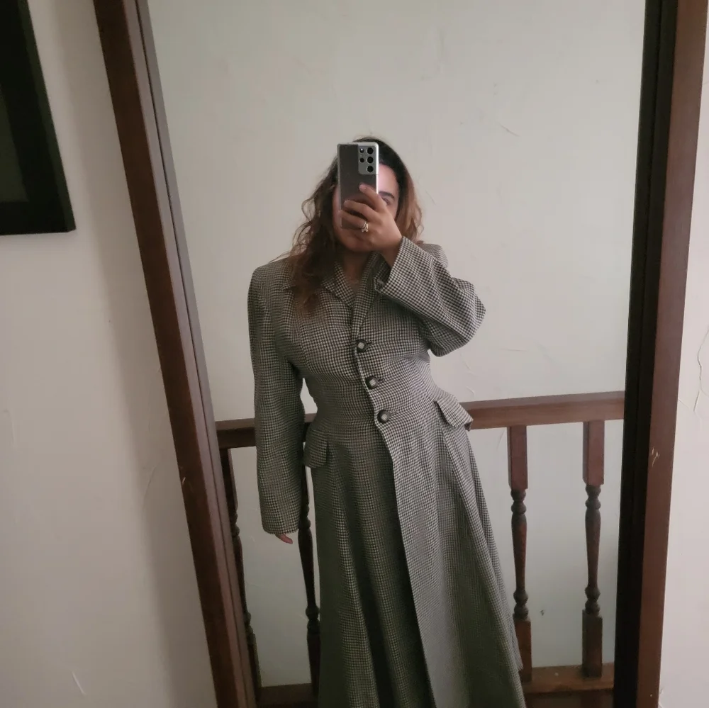 VINTAGE Micro Houndstooth Wool Long Riding Trench Coat Womens S/M Black ivory - Picture 2 of 14